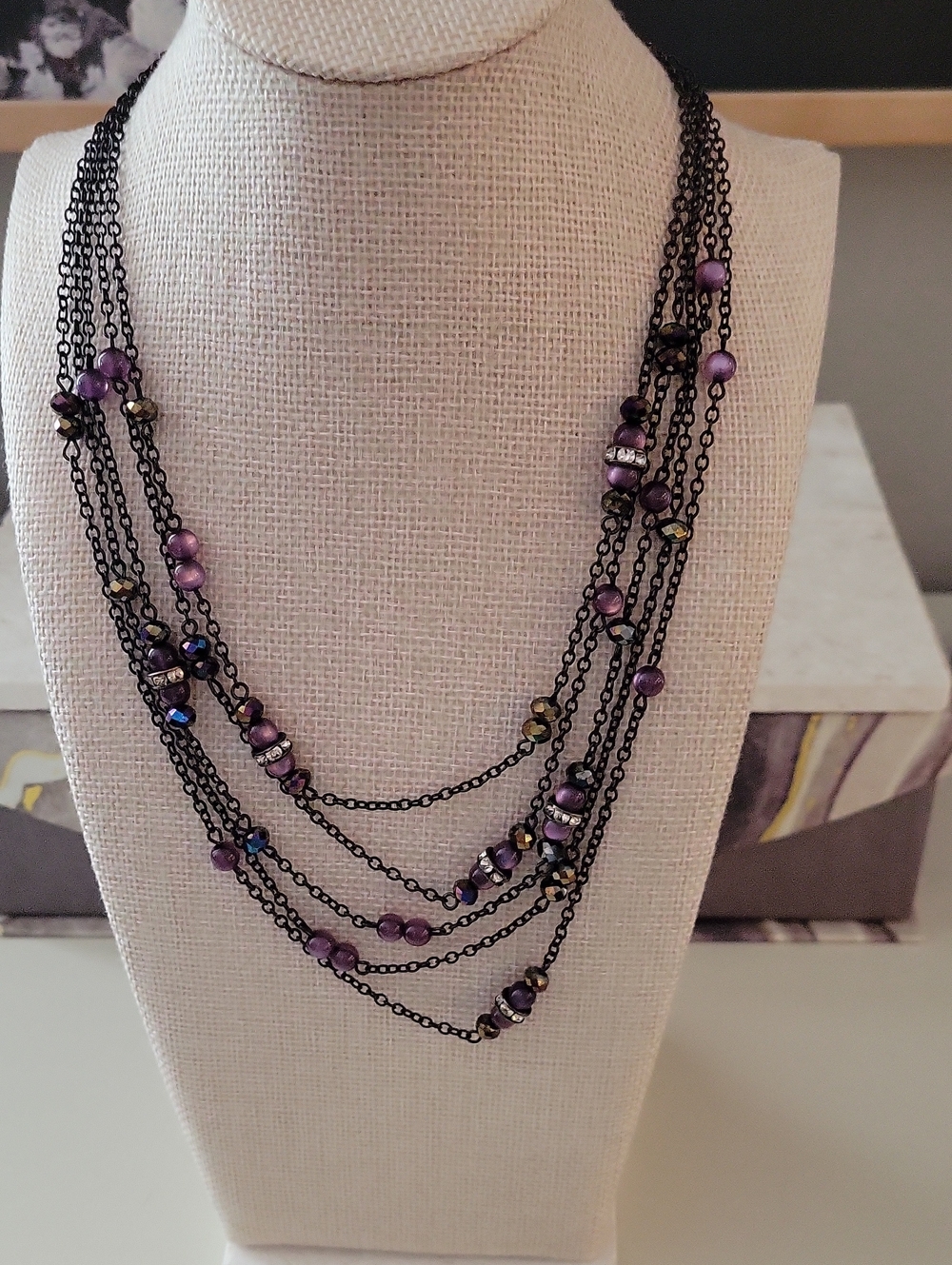 Gorgeous Coldwater Creek Layered Purple Bead Necklace with Black Chains